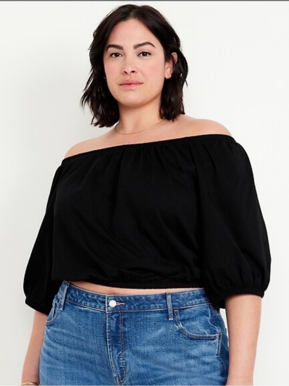 Old Navy Black Off-Shoulder Puff Sleeve Crop Top